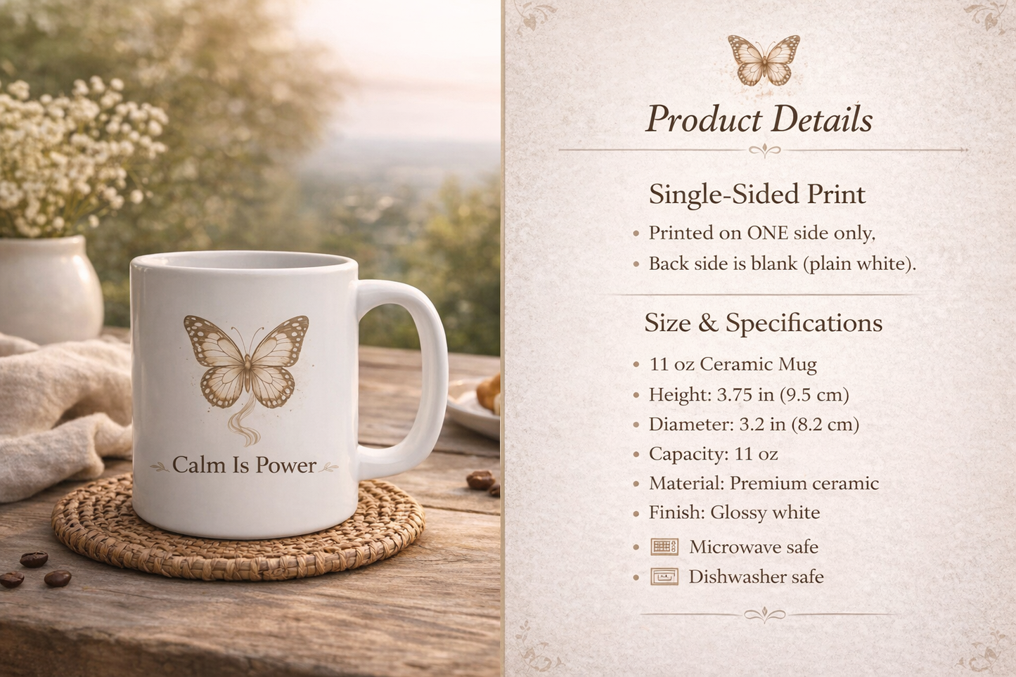 Calm Is Power Butterfly Mug – Neutral Aesthetic Coffee Cup (11oz)
